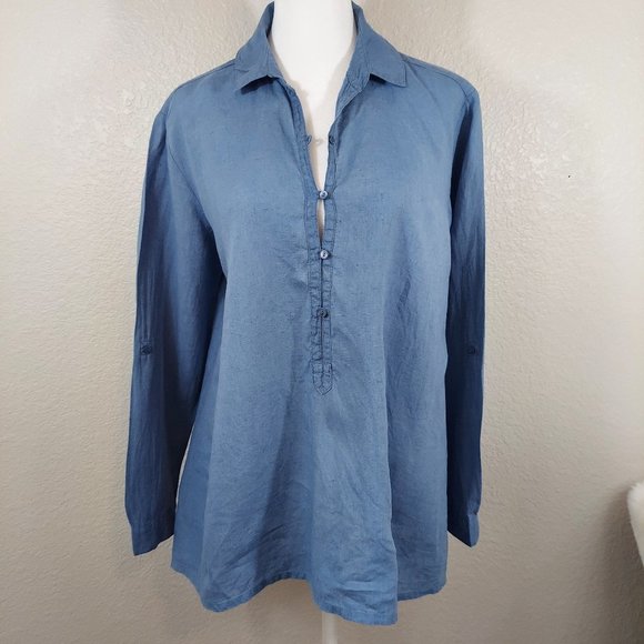 Eileen Fisher Tops - EILEEN  FISHER Irish Linen  Blue Long Sleeve Button up Blouse  Sz  XS- S